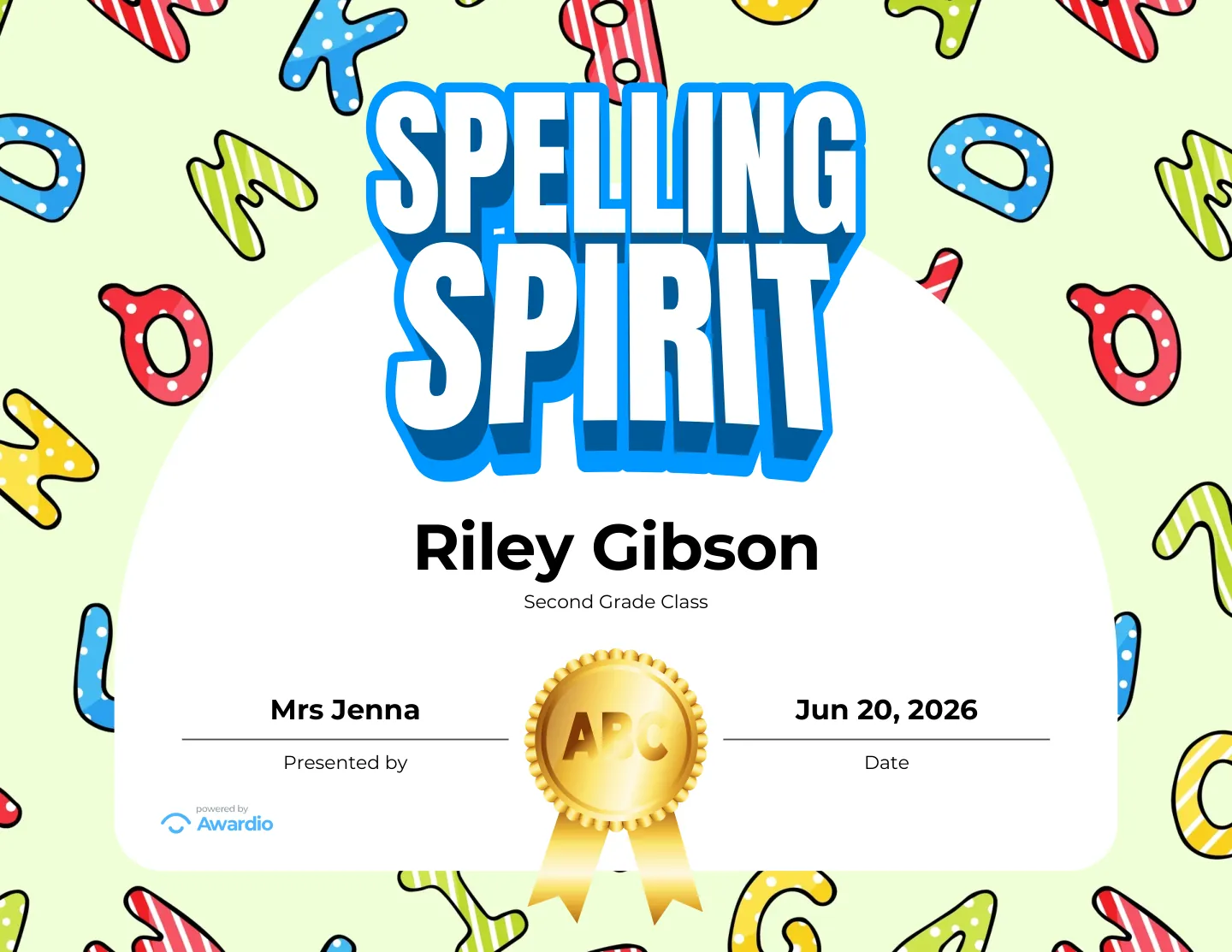 Personalized Spelling student certificate