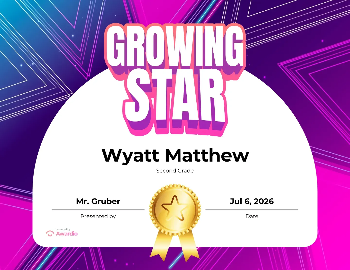 Growing Star improvement award certificate, free printable template for students