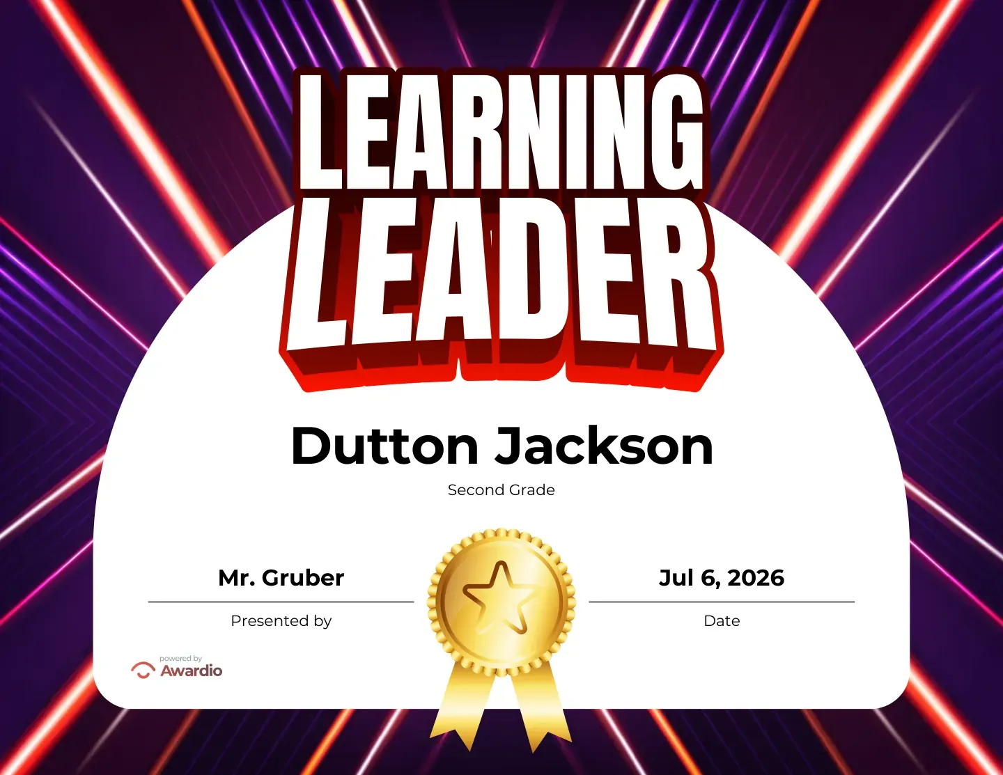 Learning Leader most-improved certificate recognizing a student's progress