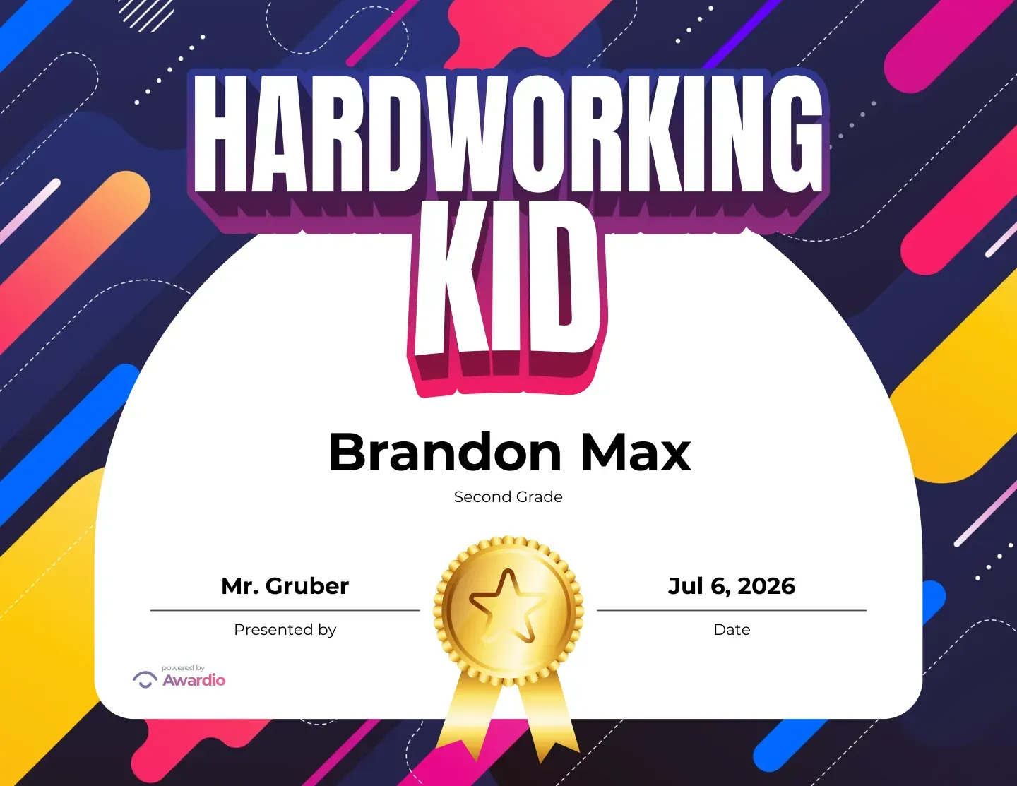 Hardworking Kid improvement award for a hard-working student
