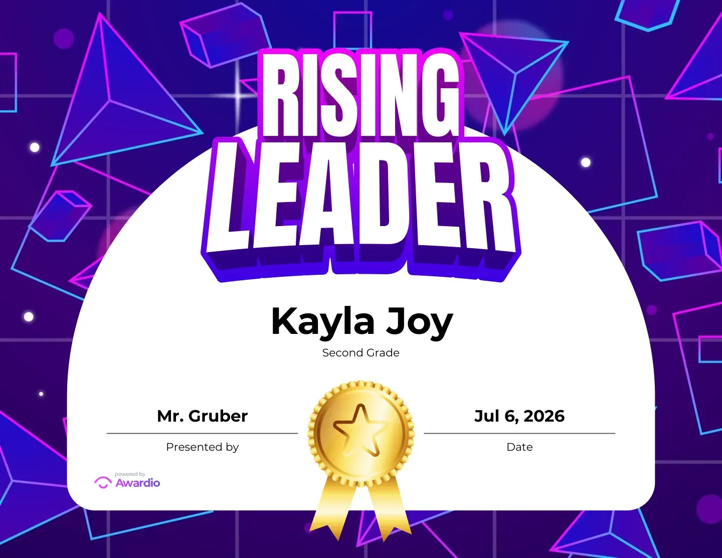 Rising Leader improvement certificate on a purple geometric design