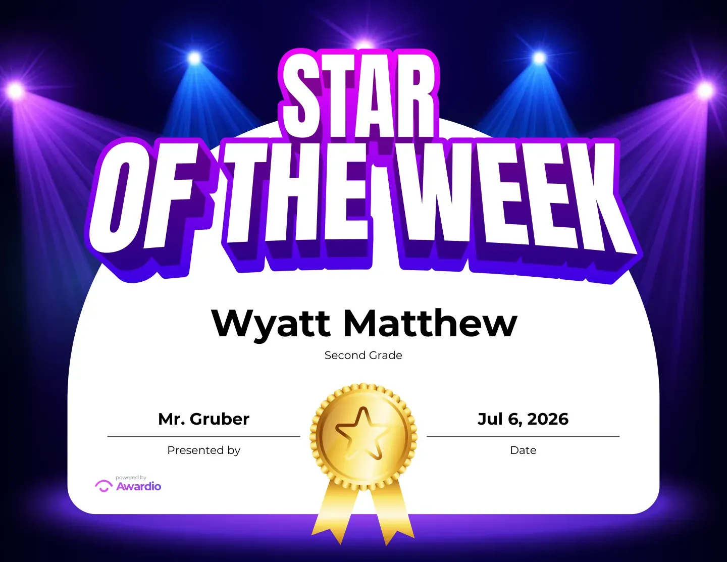 Star of the Week student award certificate, free printable template