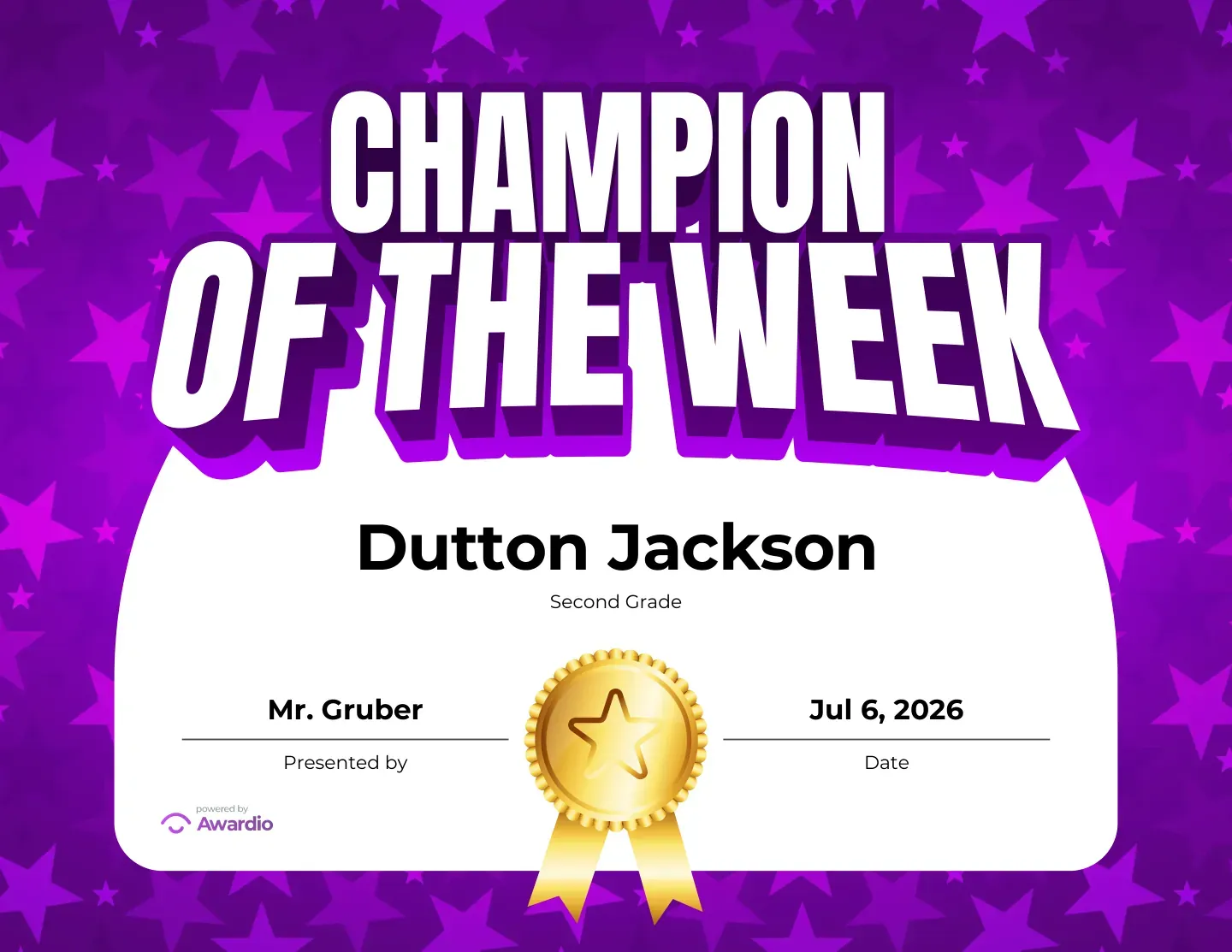 Champion of the Week award on a purple star design