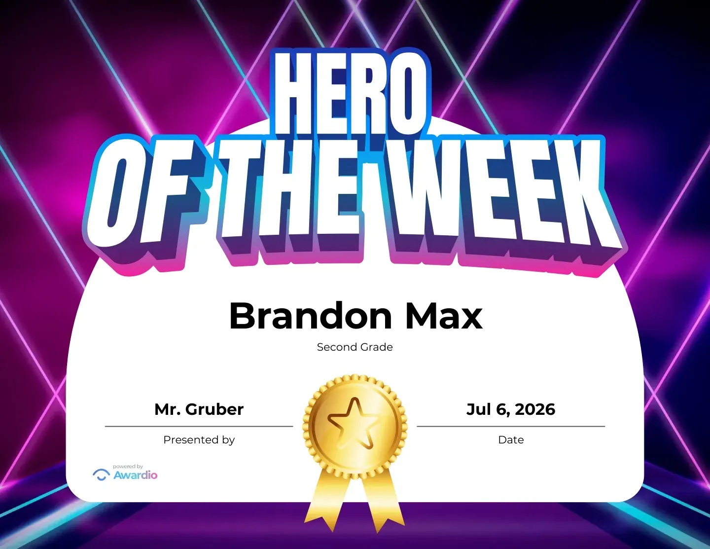 Hero of the Week certificate for a standout student