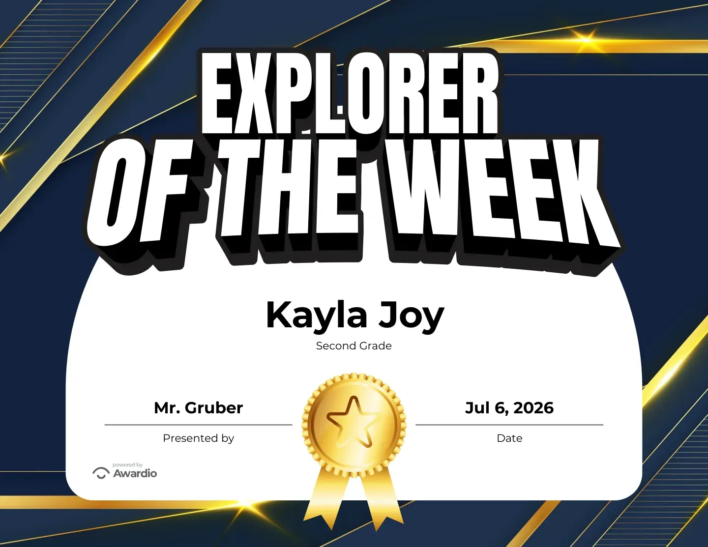 Explorer of the Week award with a navy and gold design