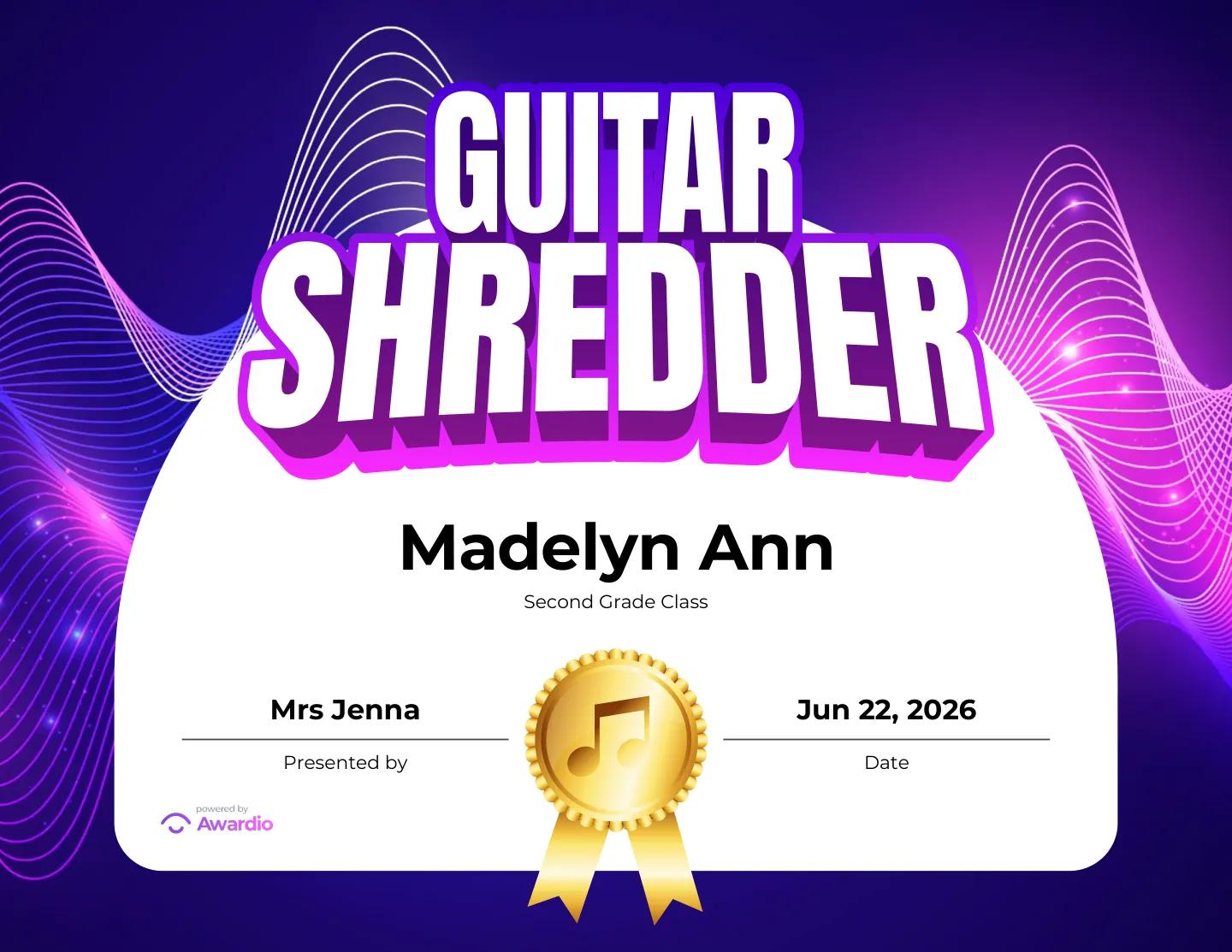Editable Electric Guitar award certificate