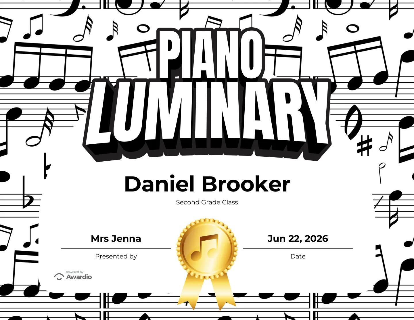 Digital Piano award certificate example