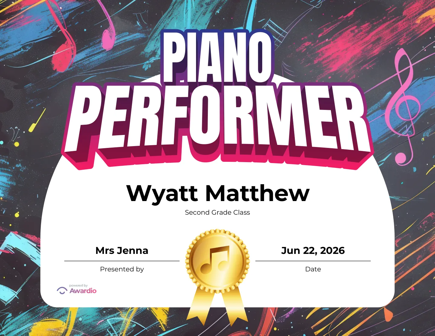 Personalized Piano student certificate
