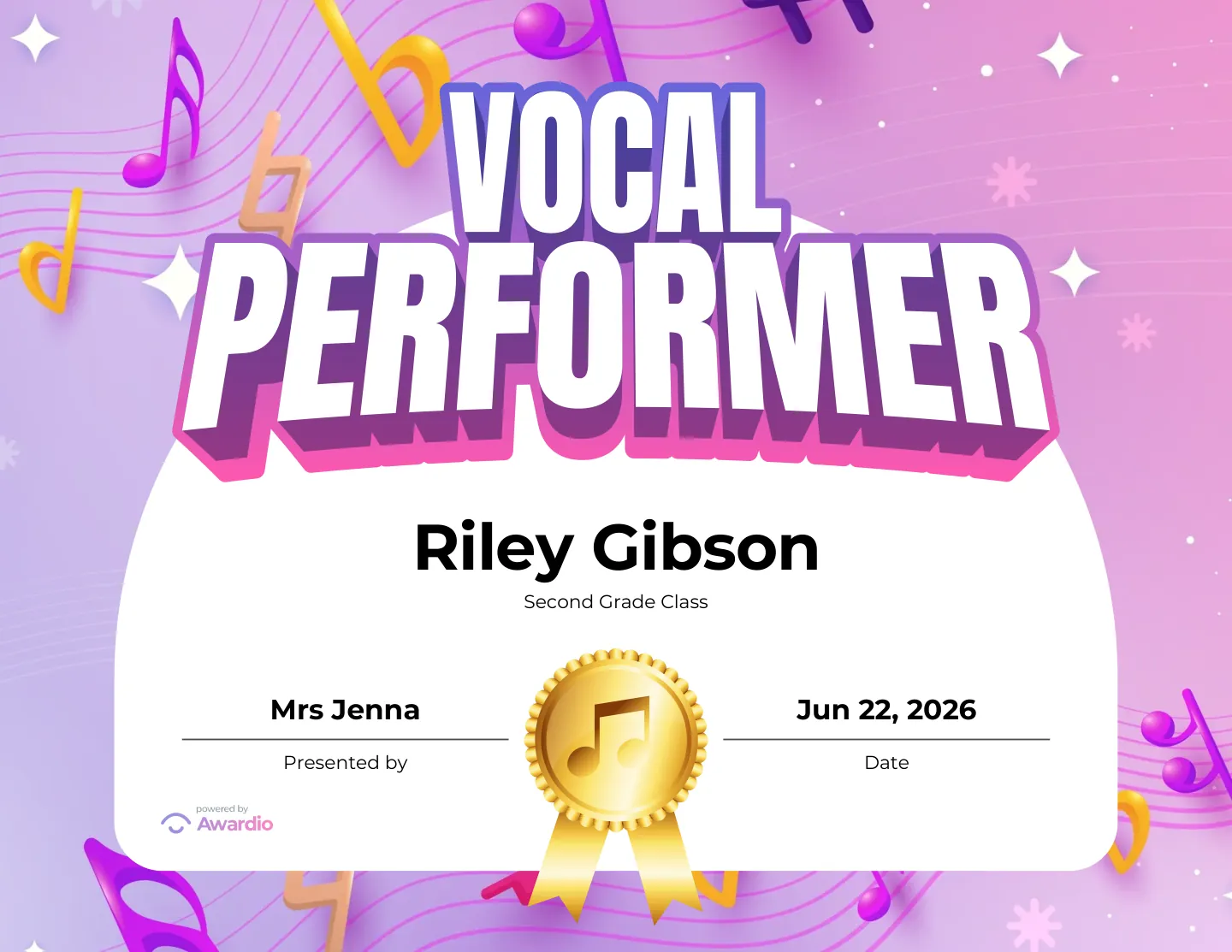 Personalized Singing student certificate