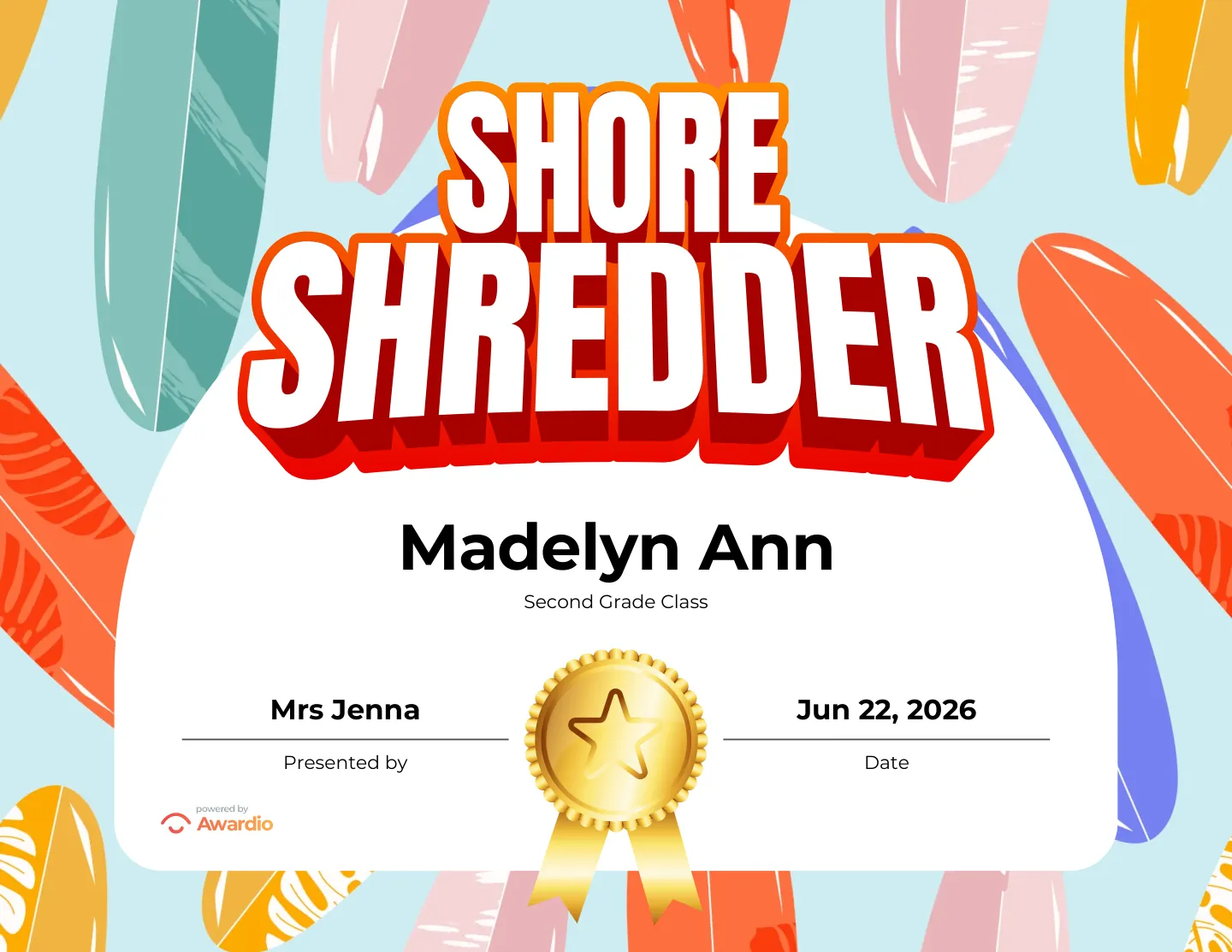Editable Surf award certificate