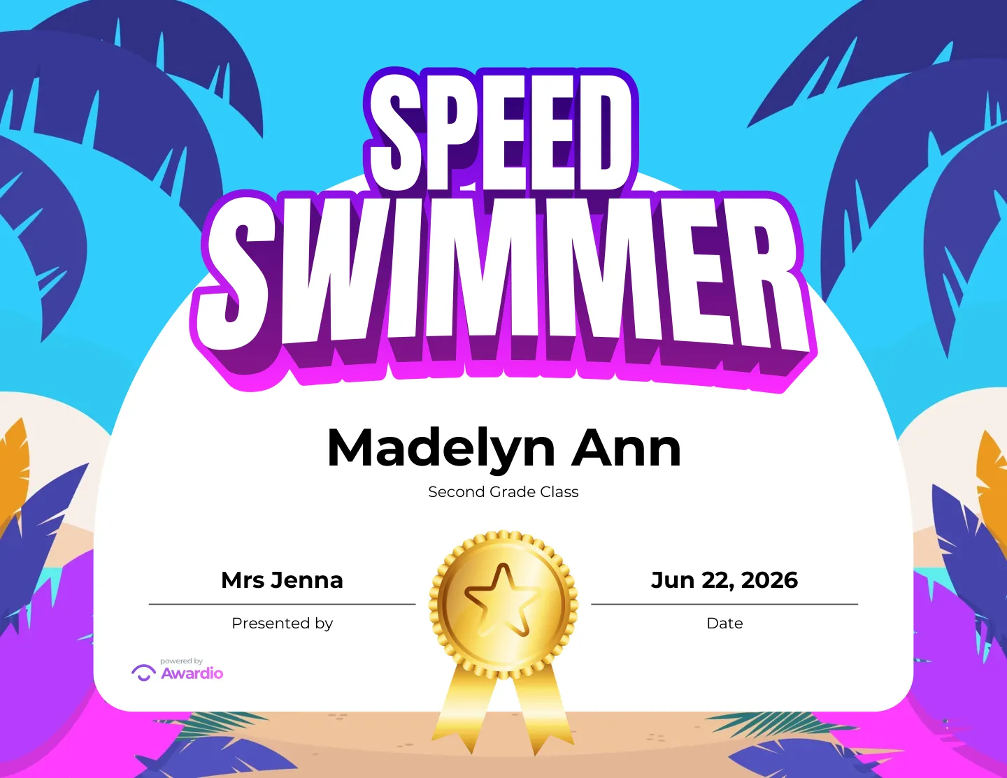 Editable Swim award certificate